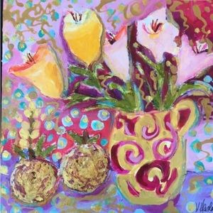 Handmade Original Mixed Media Painting “Golden Pomegranates & FlowersPaper Clay